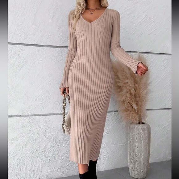 Classic Ribbed Knit Fitted V Neck Long Sleeve Dress Burgundy - Picture 13 of 16